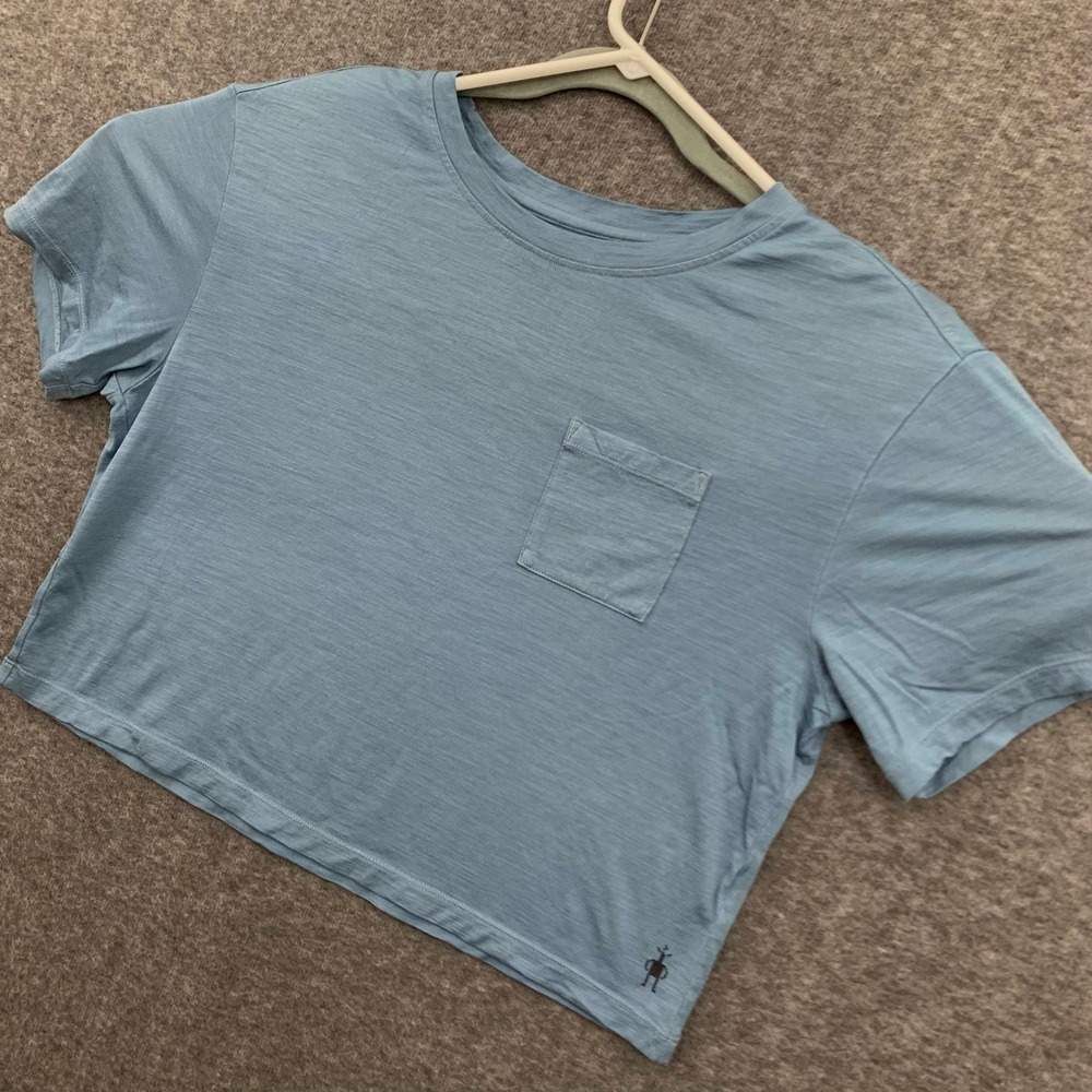 Smartwool Merino Wool Short Sleeve Pocket Tee Womens Medium Light Blue Crop